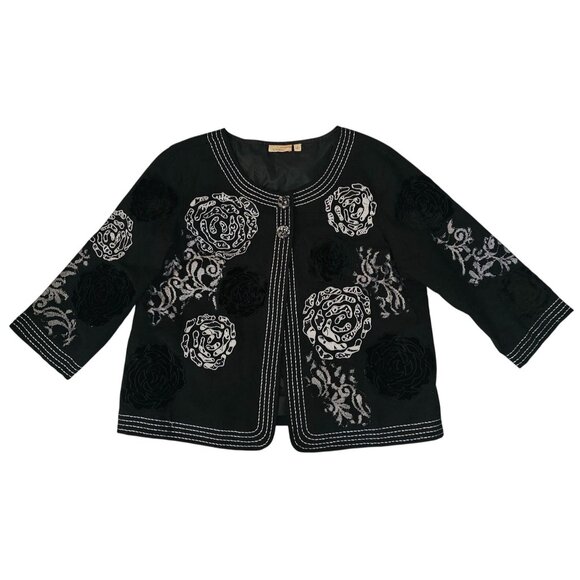 Choices Women's Boho Chic Floral Embroidery Open Front Black Jacket Women's L - Picture 2 of 14
